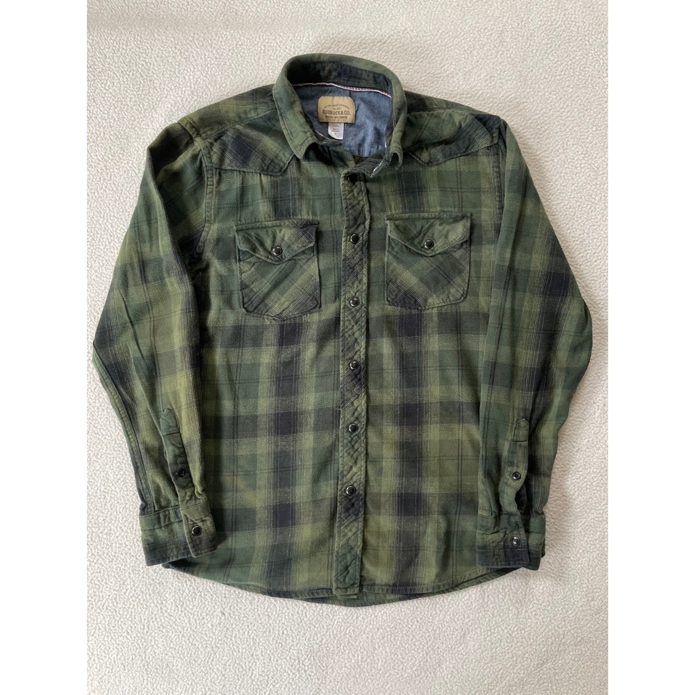 Roebuck & Co Mens Small Flannel Shirt Green Black Plaid Western Snap Button Down